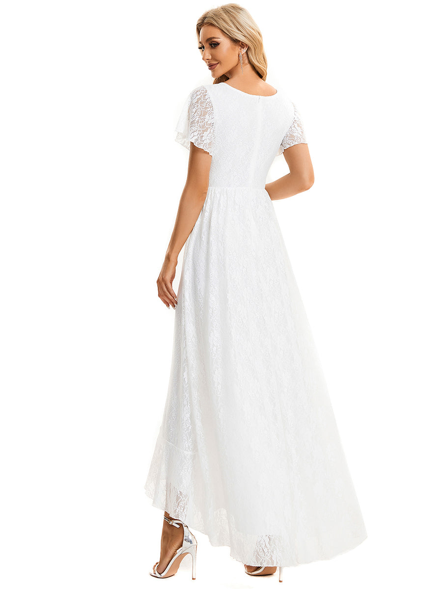 Größe Nach Maß Kurzärmliges Spitzen-Abendkleid in A-Linie mit Rüschen und V-Ausschnitt #farbe_Weiß