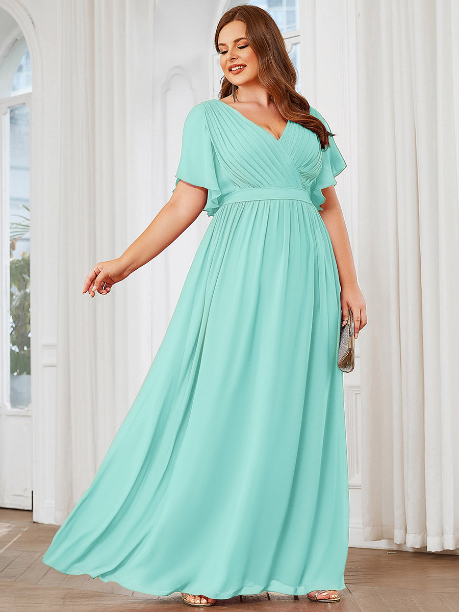 V-Ausschnitt kurze Ärmel Bodenlaenge A-Linie Chiffon Abendkleider #Farbe_Pastellblau