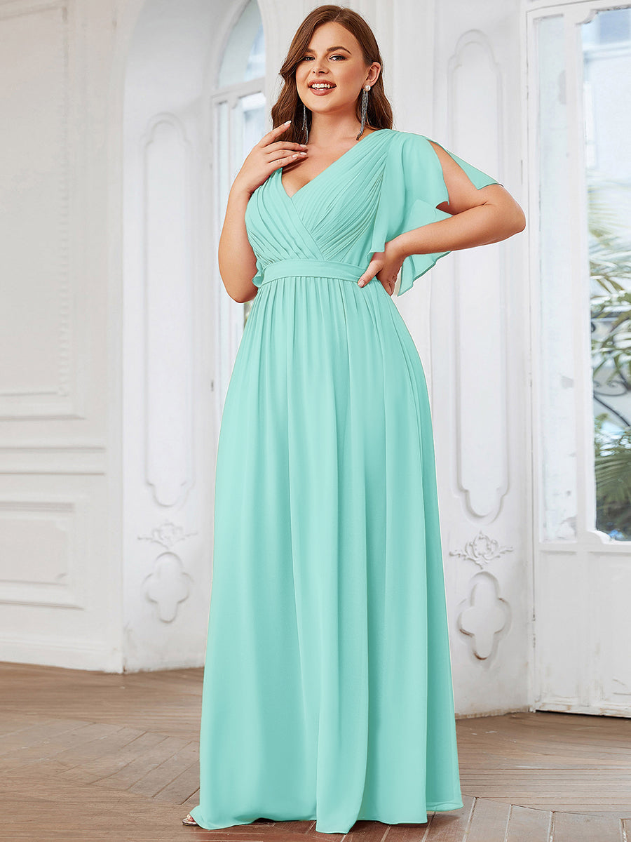 V-Ausschnitt kurze Ärmel Bodenlaenge A-Linie Chiffon Abendkleider #Farbe_Pastellblau