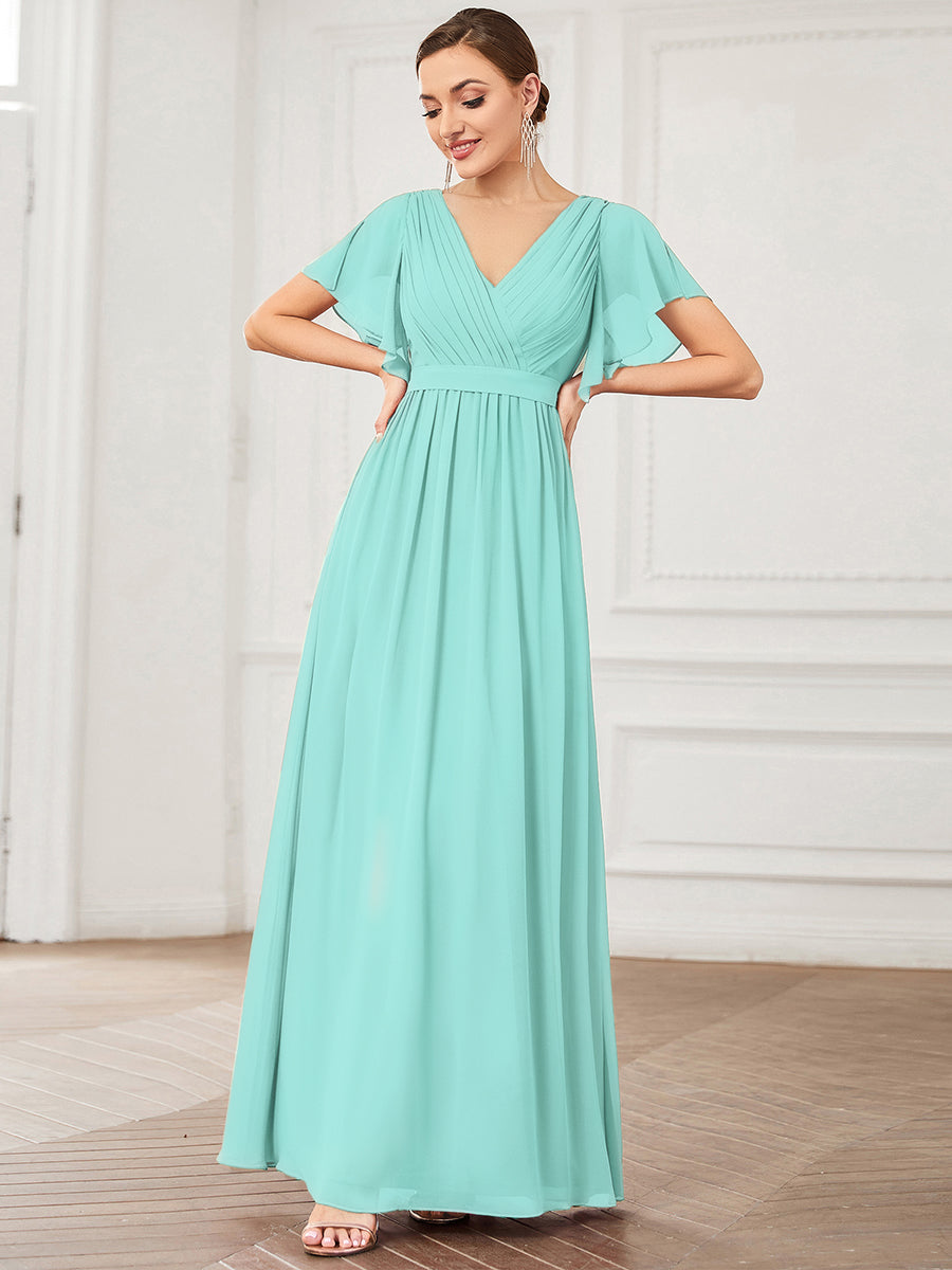 V-Ausschnitt kurze Ärmel Bodenlaenge A-Linie Chiffon Abendkleider #Farbe_Pastellblau