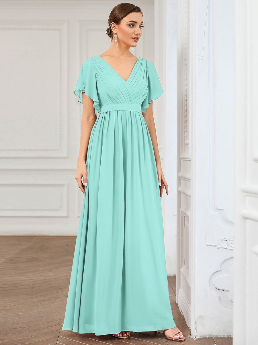 V-Ausschnitt kurze Ärmel Bodenlaenge A-Linie Chiffon Abendkleider #Farbe_Pastellblau