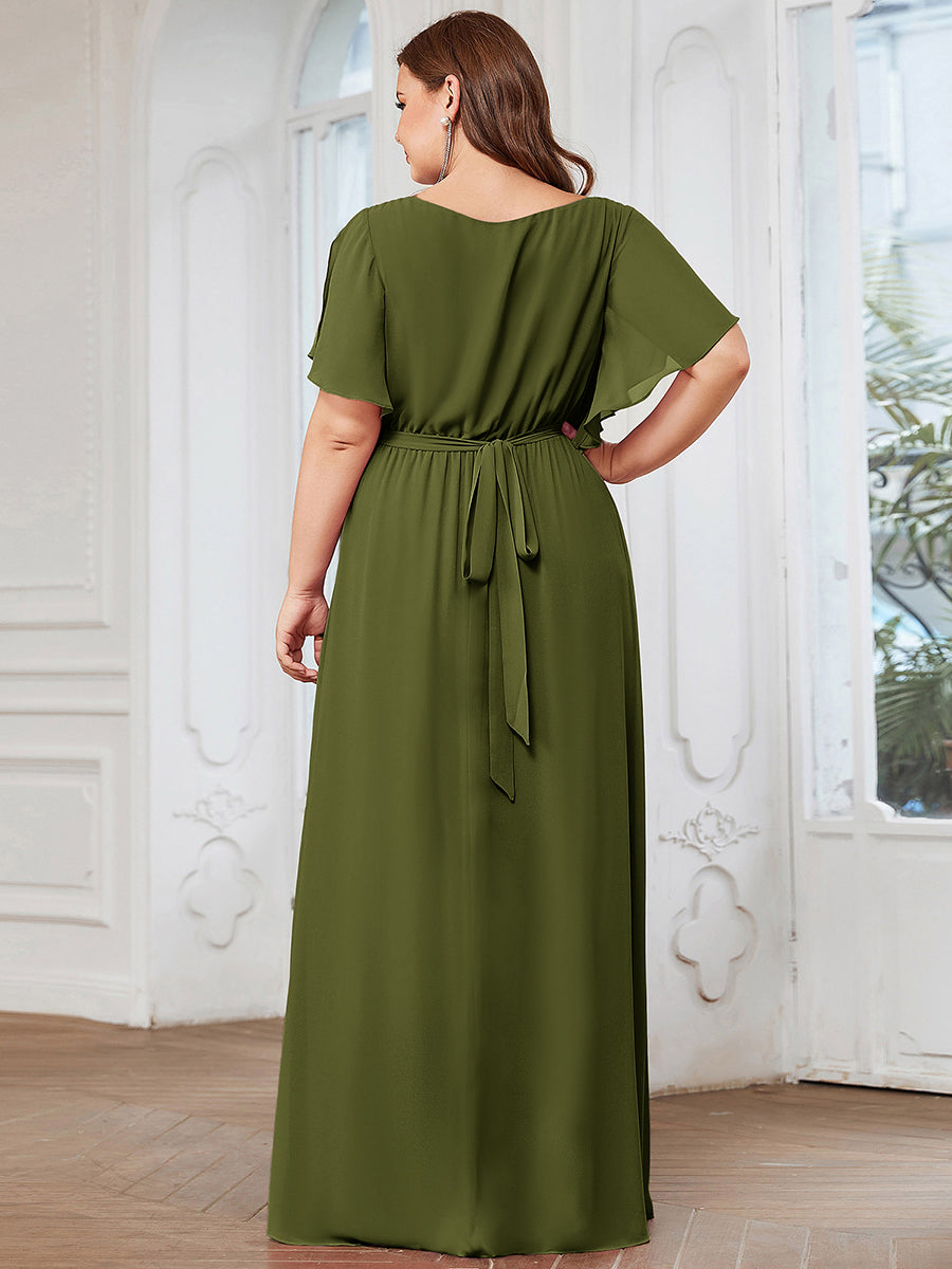 V-Ausschnitt kurze Ärmel Bodenlaenge A-Linie Chiffon Abendkleider #Farbe_Olivgrün