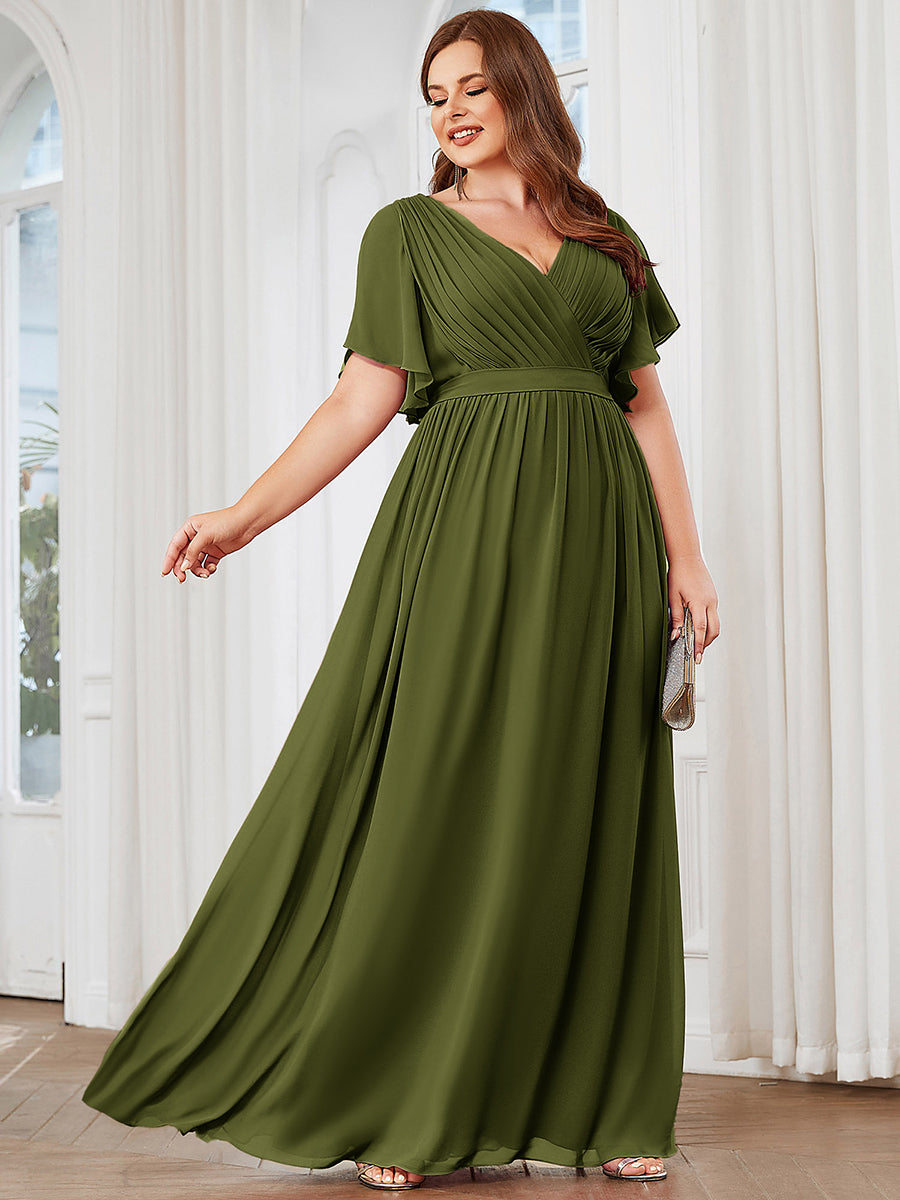 V-Ausschnitt kurze Ärmel Bodenlaenge A-Linie Chiffon Abendkleider #Farbe_Olivgrün