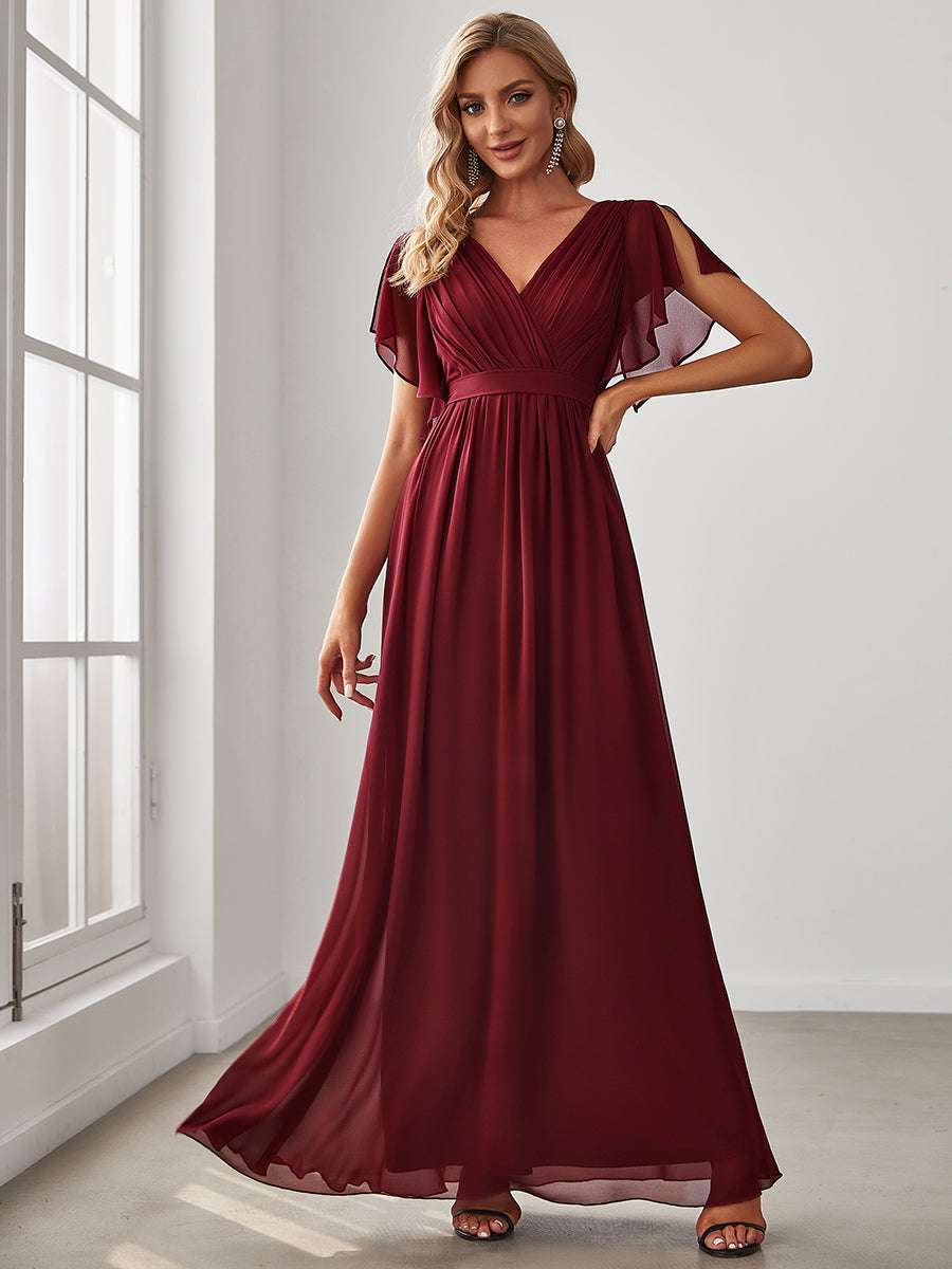 V-Ausschnitt kurze Ärmel Bodenlaenge A-Linie Chiffon Abendkleider #Farbe_Burgunderrot