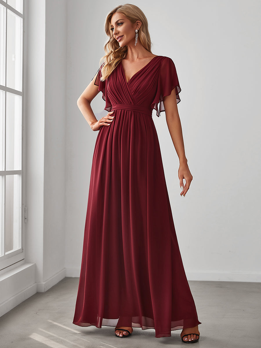 V-Ausschnitt kurze Ärmel Bodenlaenge A-Linie Chiffon Abendkleider #Farbe_Burgunderrot