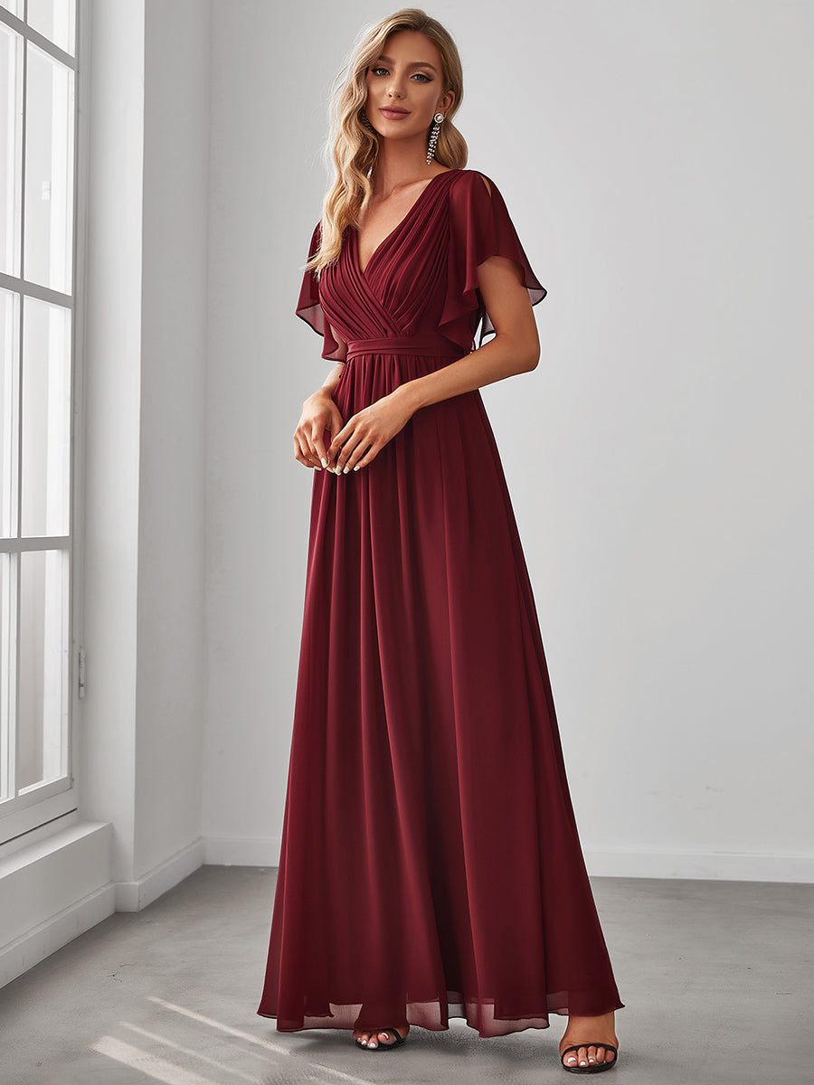 V-Ausschnitt kurze Ärmel Bodenlaenge A-Linie Chiffon Abendkleider #Farbe_Burgunderrot