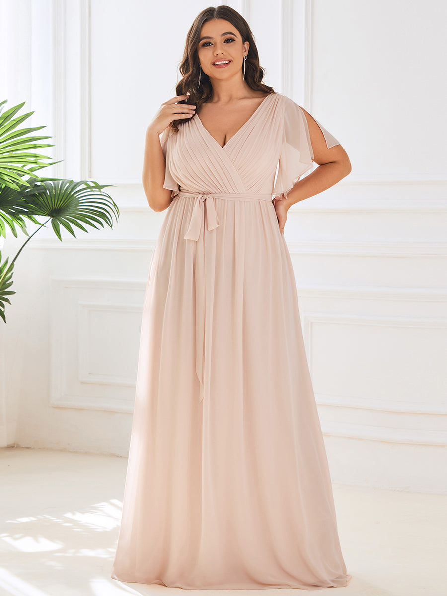 V-Ausschnitt kurze Ärmel Bodenlaenge A-Linie Chiffon Abendkleider #Farbe_Blush-Rosa