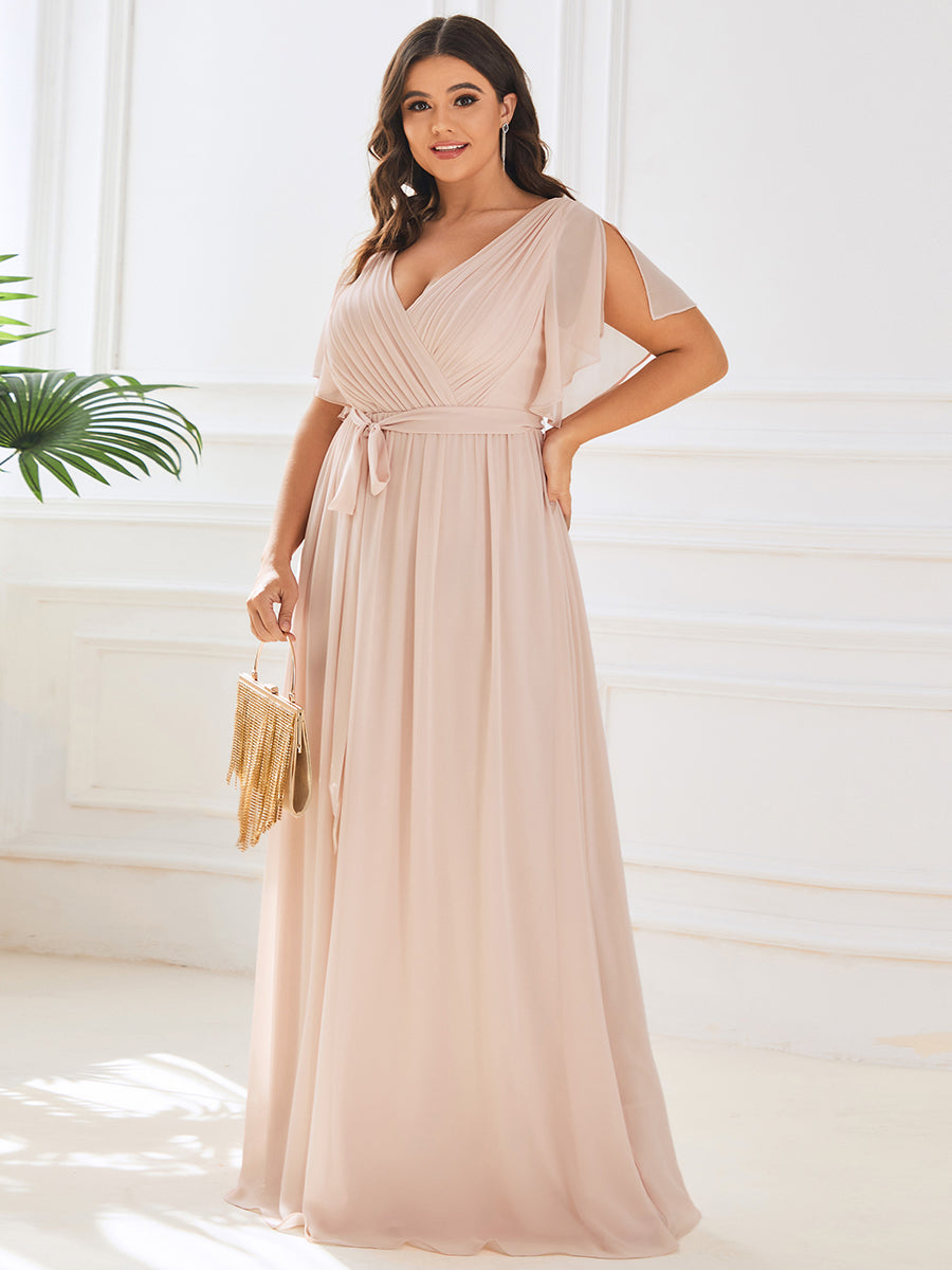 V-Ausschnitt kurze Ärmel Bodenlaenge A-Linie Chiffon Abendkleider #Farbe_Blush-Rosa