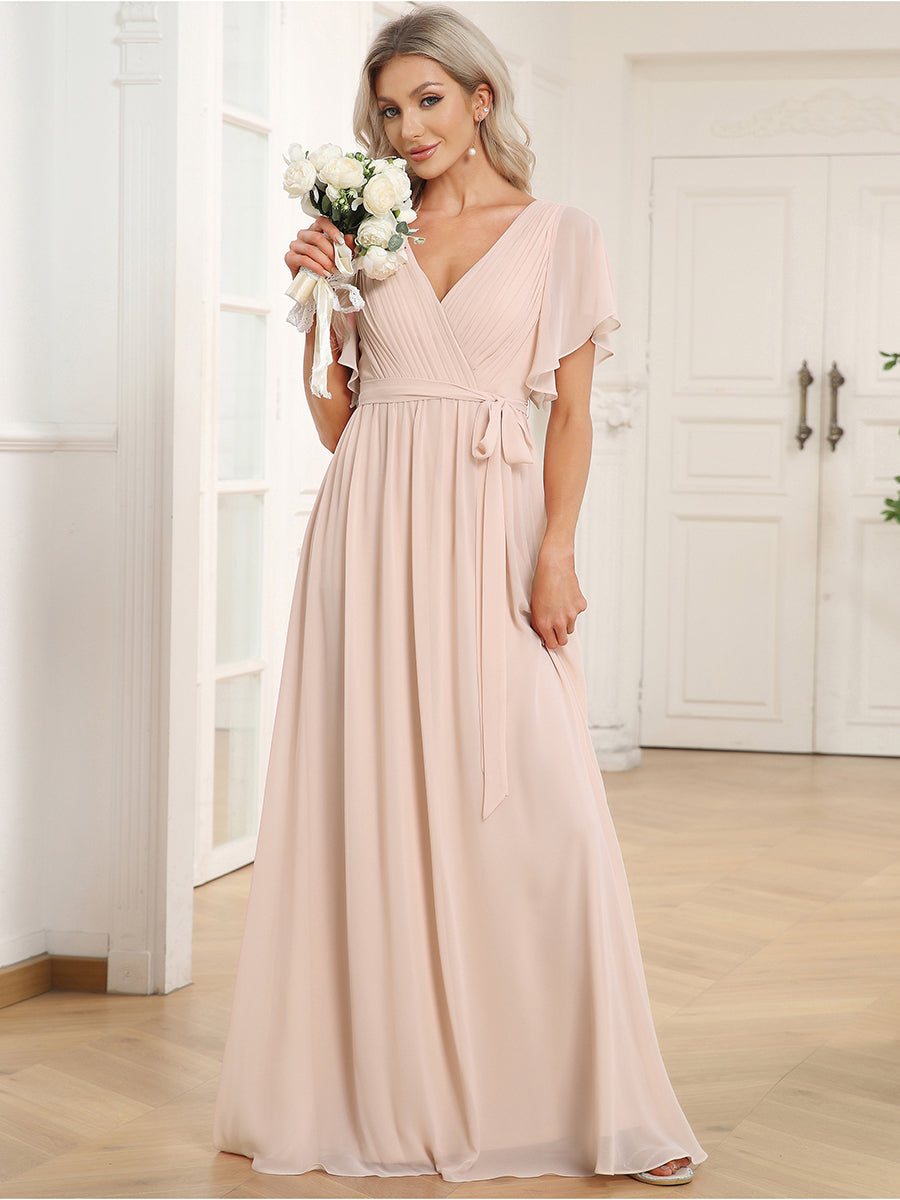 V-Ausschnitt kurze Ärmel Bodenlaenge A-Linie Chiffon Abendkleider #Farbe_Blush-Rosa