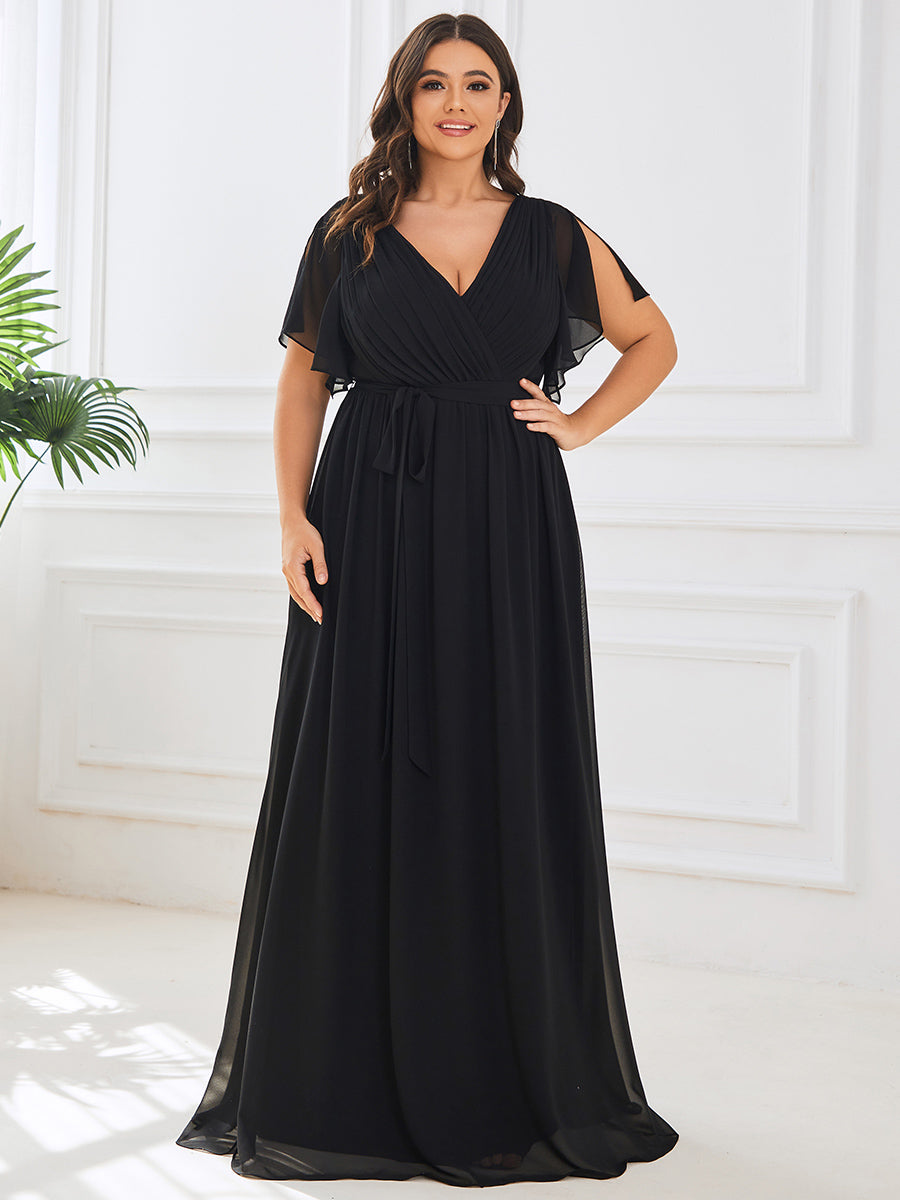 V-Ausschnitt kurze Ärmel Bodenlaenge A-Linie Chiffon Abendkleider #Farbe_Schwarz