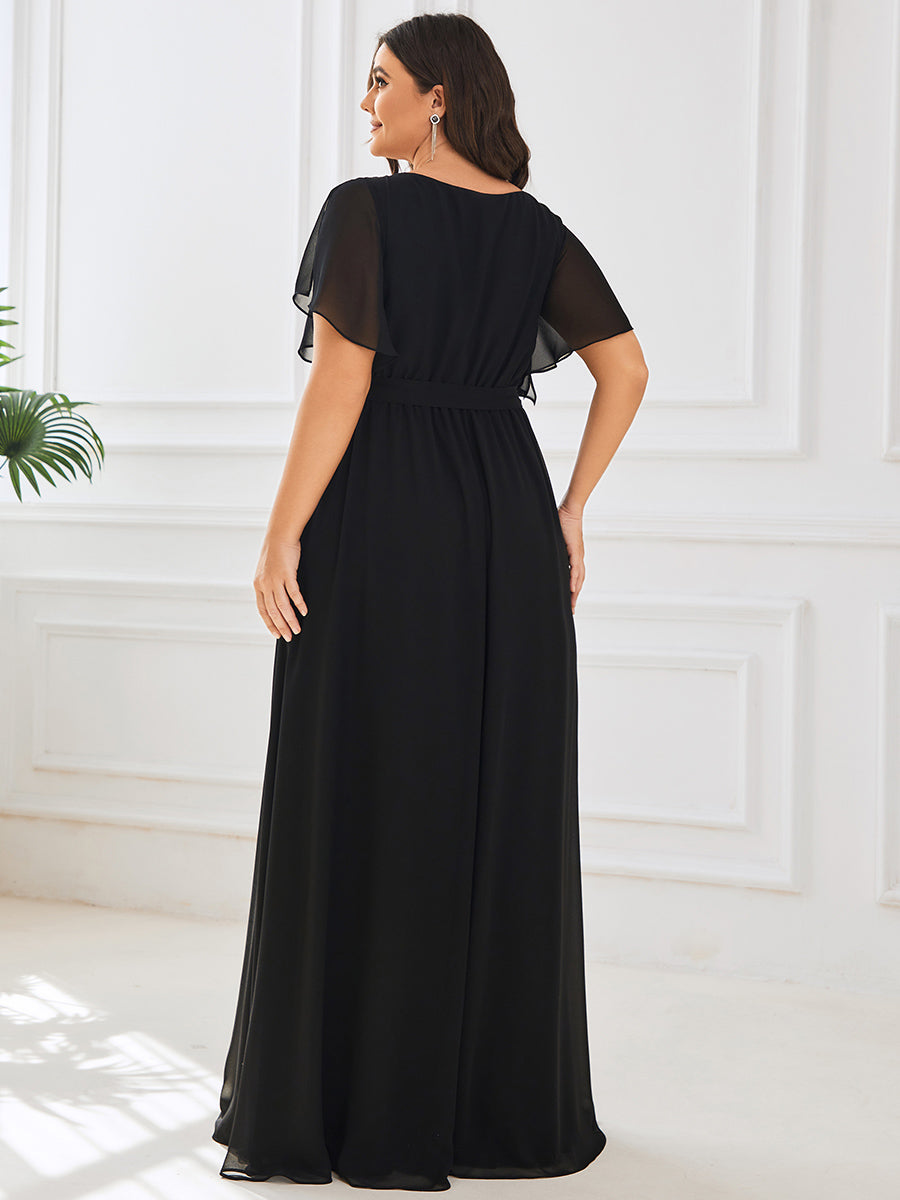 V-Ausschnitt kurze Ärmel Bodenlaenge A-Linie Chiffon Abendkleider #Farbe_Schwarz
