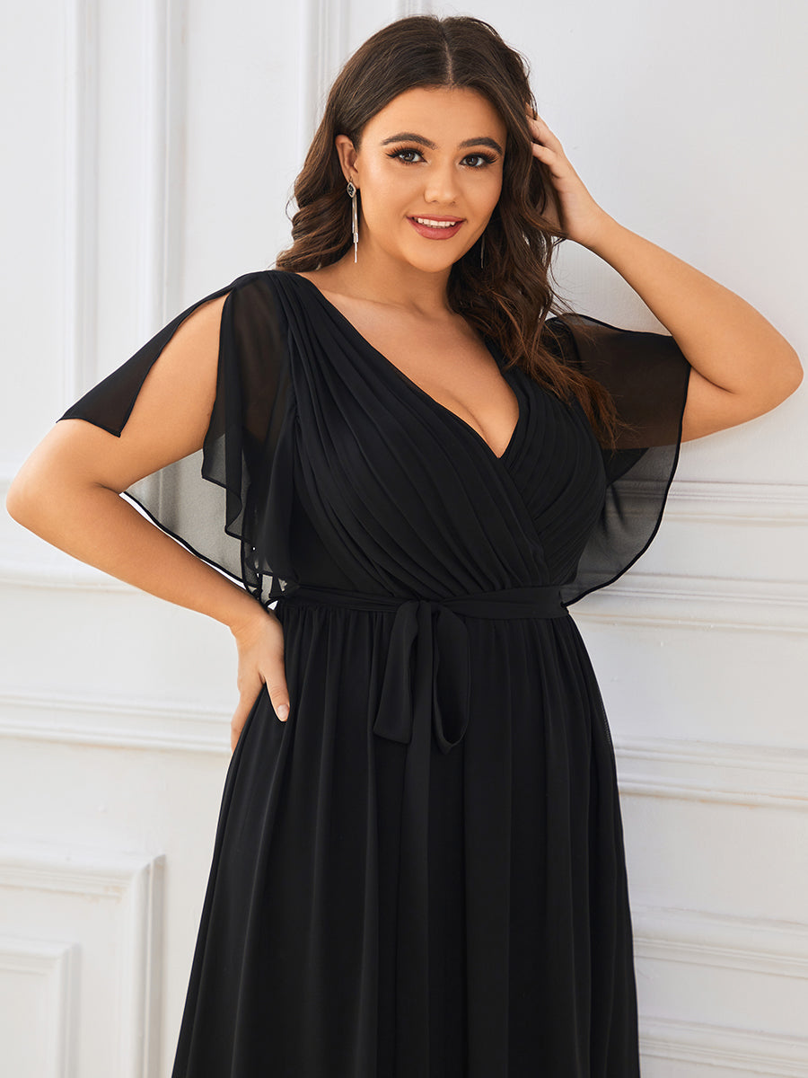 V-Ausschnitt kurze Ärmel Bodenlaenge A-Linie Chiffon Abendkleider #Farbe_Schwarz