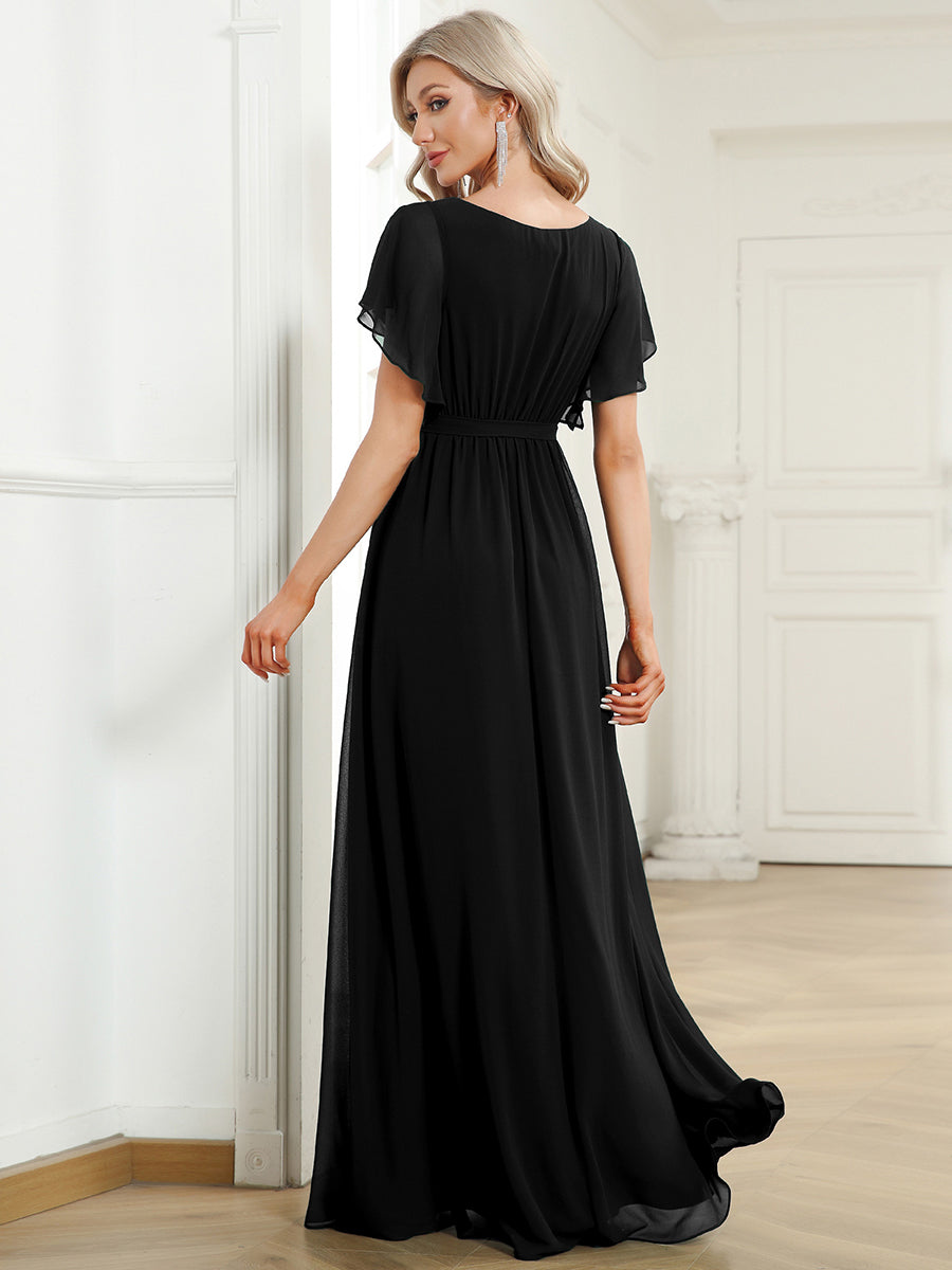 V-Ausschnitt kurze Ärmel Bodenlaenge A-Linie Chiffon Abendkleider #Farbe_Schwarz