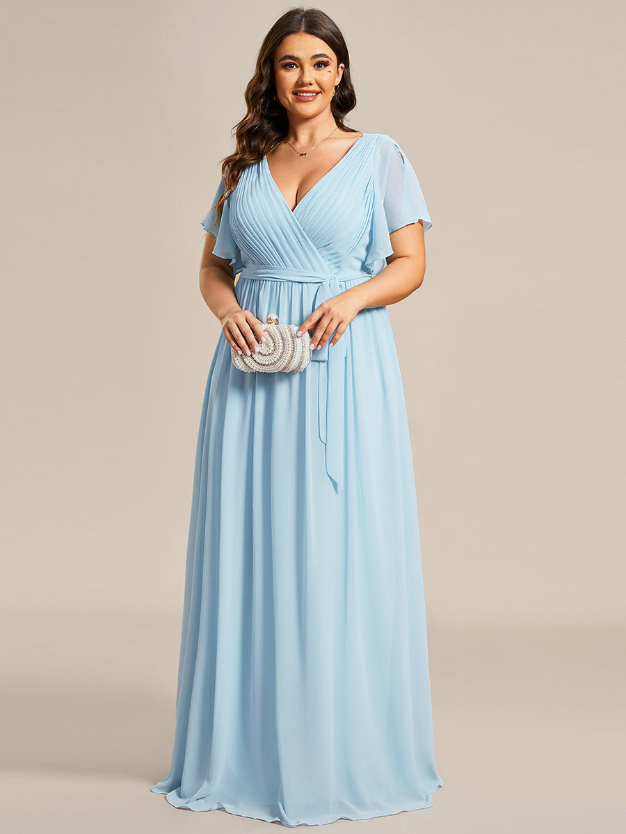 V-Ausschnitt kurze Ärmel Bodenlaenge A-Linie Chiffon Abendkleider #Farbe_Himmelblau