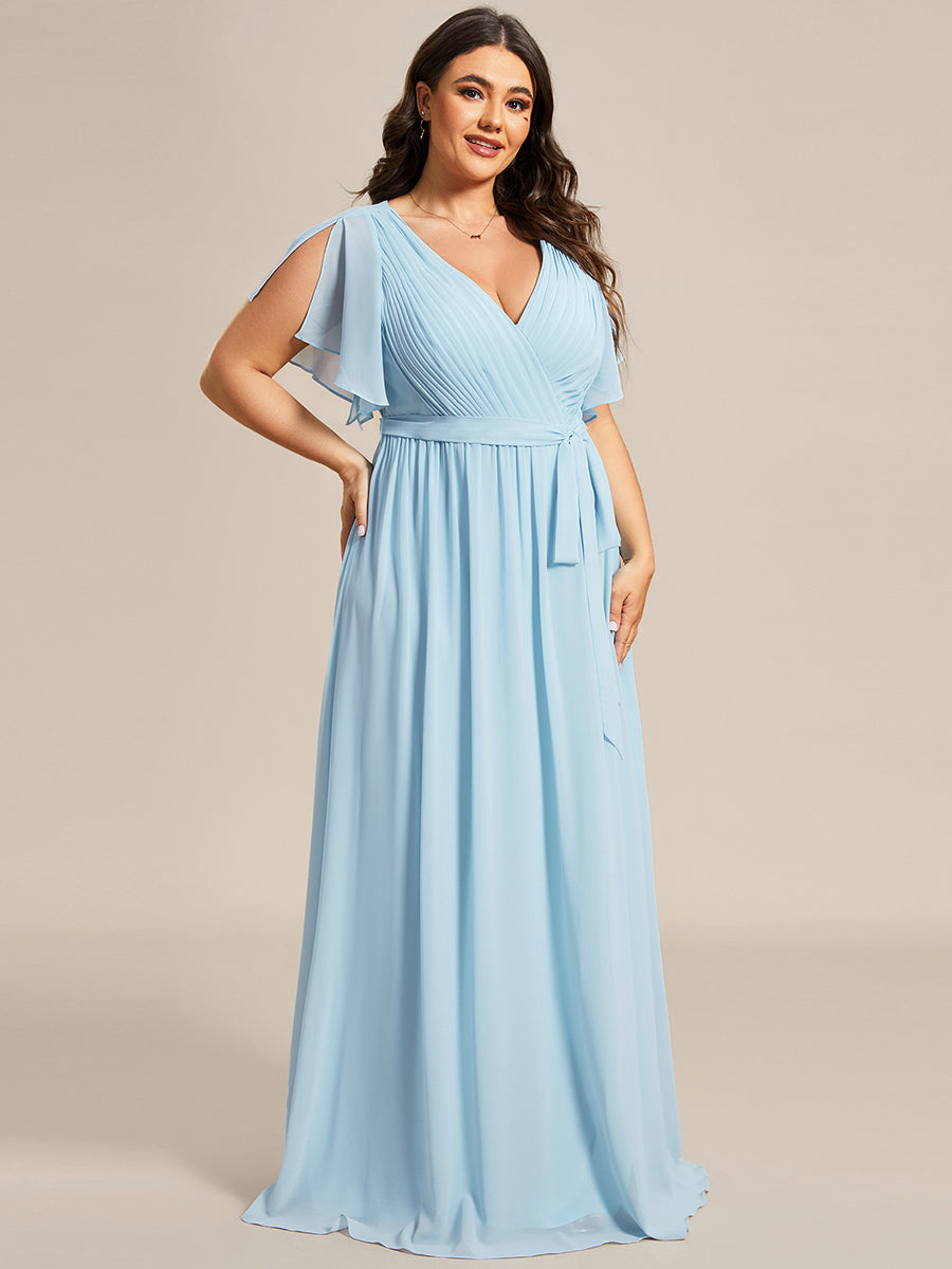 V-Ausschnitt kurze Ärmel Bodenlaenge A-Linie Chiffon Abendkleider #Farbe_Himmelblau