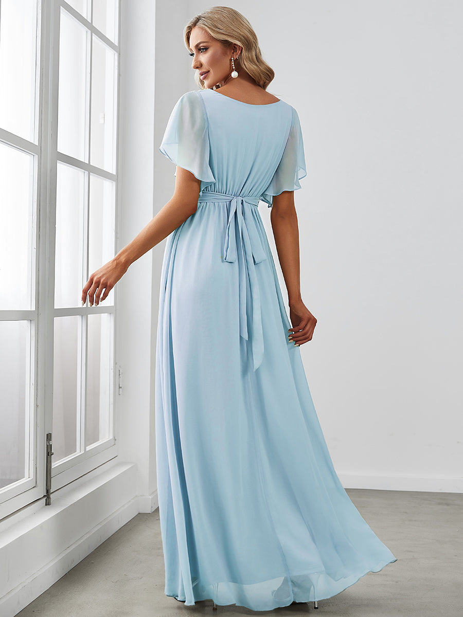 V-Ausschnitt kurze Ärmel Bodenlaenge A-Linie Chiffon Abendkleider #Farbe_Himmelblau