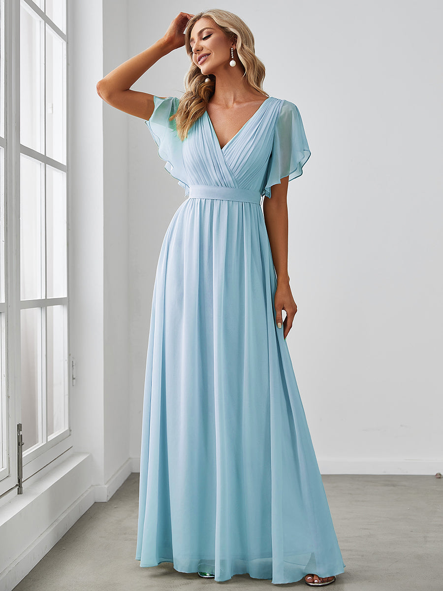 V-Ausschnitt kurze Ärmel Bodenlaenge A-Linie Chiffon Abendkleider #Farbe_Himmelblau