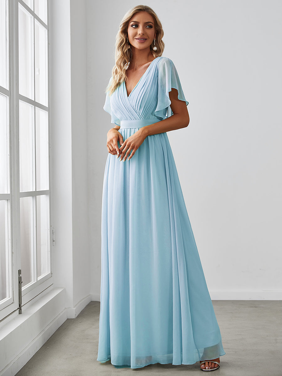 V-Ausschnitt kurze Ärmel Bodenlaenge A-Linie Chiffon Abendkleider #Farbe_Himmelblau