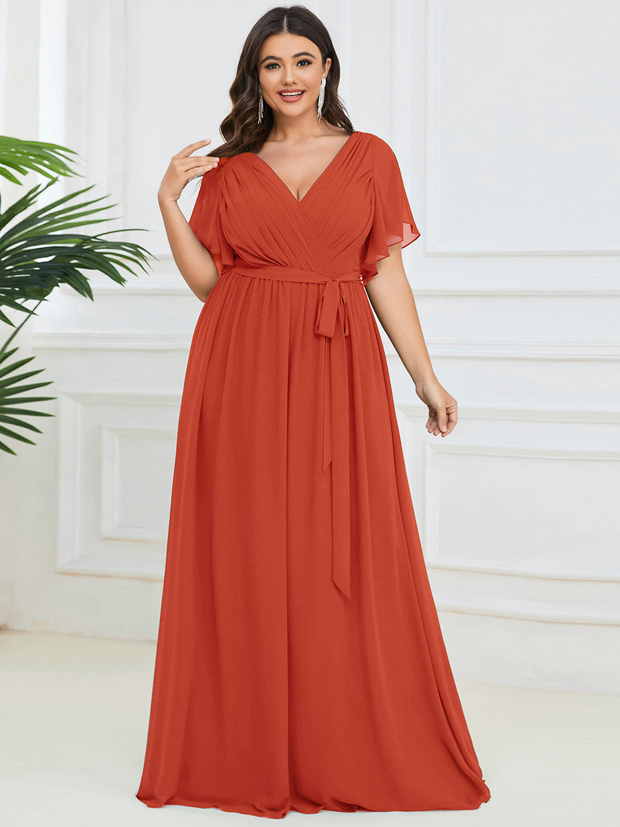 V-Ausschnitt kurze Ärmel Bodenlaenge A-Linie Chiffon Abendkleider #Farbe_Gebranntes Orange