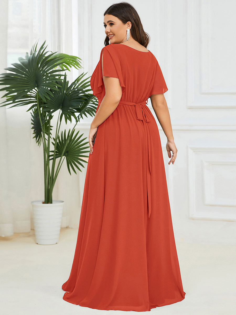 V-Ausschnitt kurze Ärmel Bodenlaenge A-Linie Chiffon Abendkleider #Farbe_Gebranntes Orange