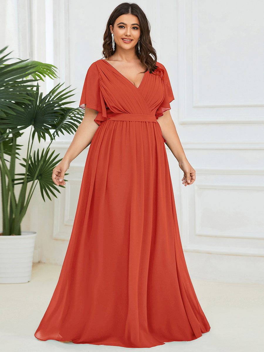 V-Ausschnitt kurze Ärmel Bodenlaenge A-Linie Chiffon Abendkleider #Farbe_Gebranntes Orange