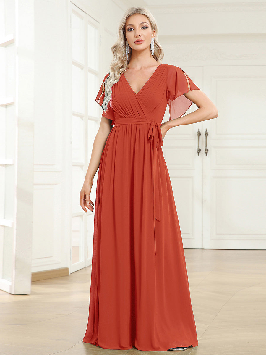 V-Ausschnitt kurze Ärmel Bodenlaenge A-Linie Chiffon Abendkleider #Farbe_Gebranntes Orange