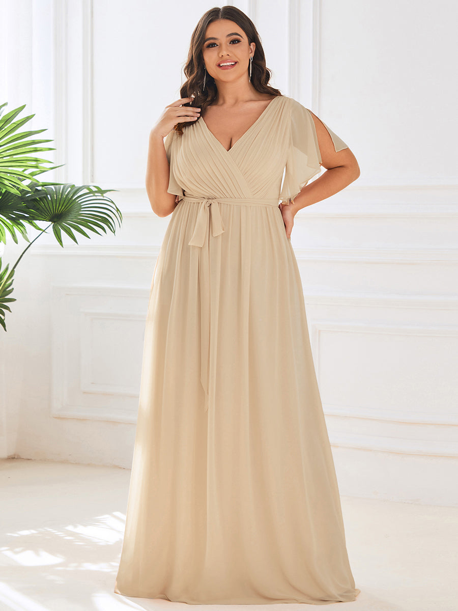 V-Ausschnitt kurze Ärmel Bodenlaenge A-Linie Chiffon Abendkleider #Farbe_Champagner