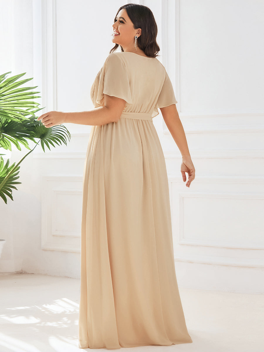 V-Ausschnitt kurze Ärmel Bodenlaenge A-Linie Chiffon Abendkleider #Farbe_Champagner