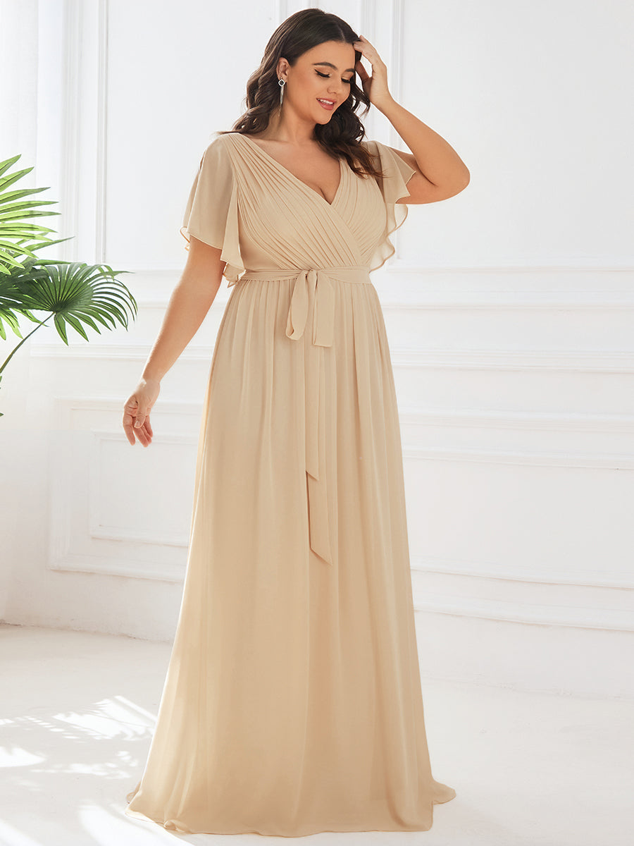 V-Ausschnitt kurze Ärmel Bodenlaenge A-Linie Chiffon Abendkleider #Farbe_Champagner