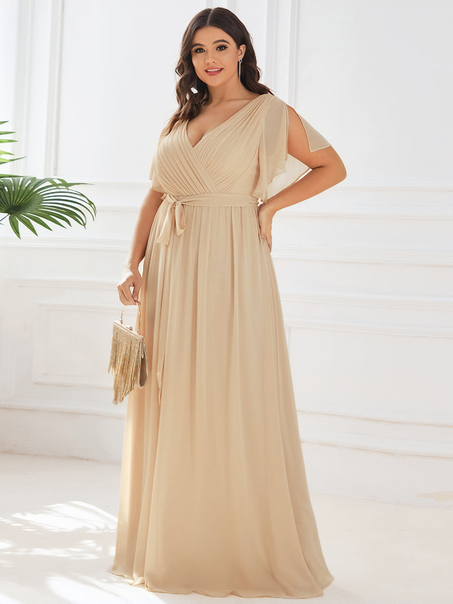V-Ausschnitt kurze Ärmel Bodenlaenge A-Linie Chiffon Abendkleider #Farbe_Champagner