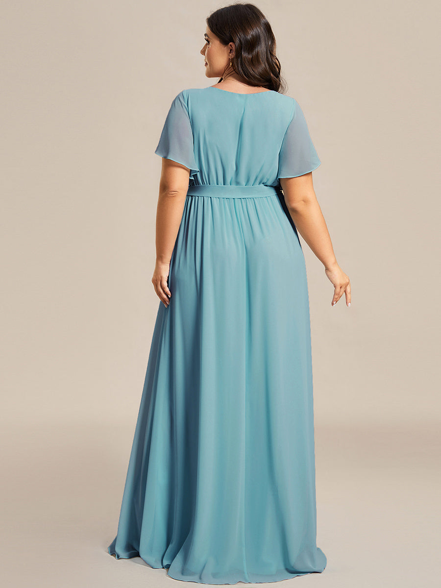 V-Ausschnitt kurze Ärmel Bodenlaenge A-Linie Chiffon Abendkleider #Farbe_Hellpetrol