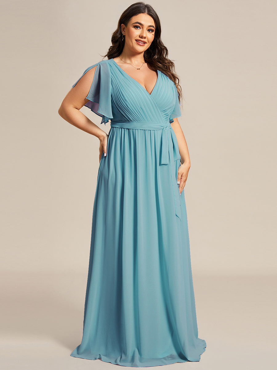 V-Ausschnitt kurze Ärmel Bodenlaenge A-Linie Chiffon Abendkleider #Farbe_Hellpetrol