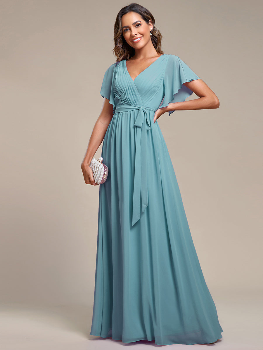 V-Ausschnitt kurze Ärmel Bodenlaenge A-Linie Chiffon Abendkleider #Farbe_Hellpetrol
