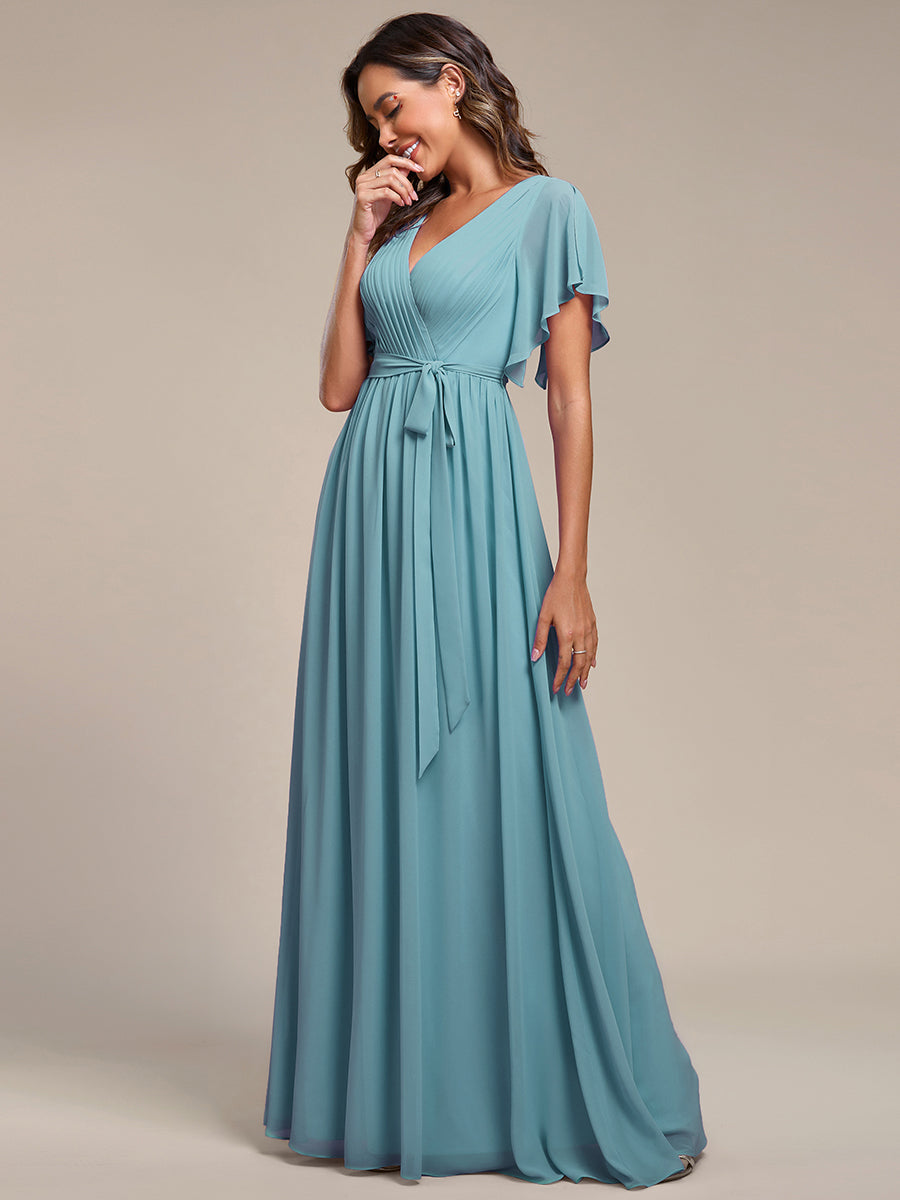 V-Ausschnitt kurze Ärmel Bodenlaenge A-Linie Chiffon Abendkleider #Farbe_Hellpetrol