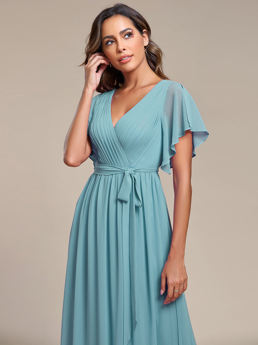 V-Ausschnitt kurze Ärmel Bodenlaenge A-Linie Chiffon Abendkleider #Farbe_Hellpetrol