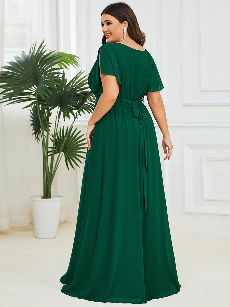 V-Ausschnitt kurze Ärmel Bodenlaenge A-Linie Chiffon Abendkleider #Farbe_Dunkelgrün
