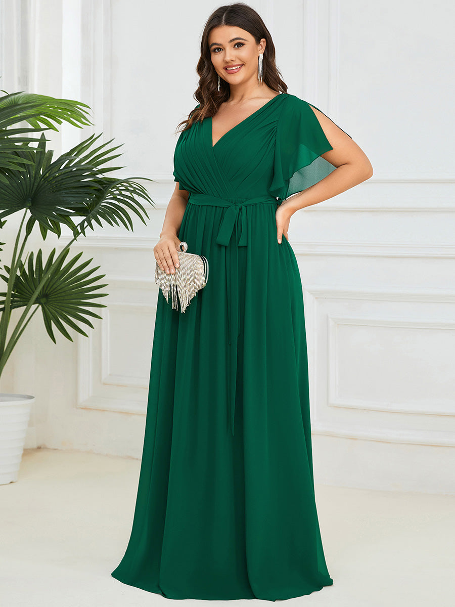 V-Ausschnitt kurze Ärmel Bodenlaenge A-Linie Chiffon Abendkleider #Farbe_Dunkelgrün