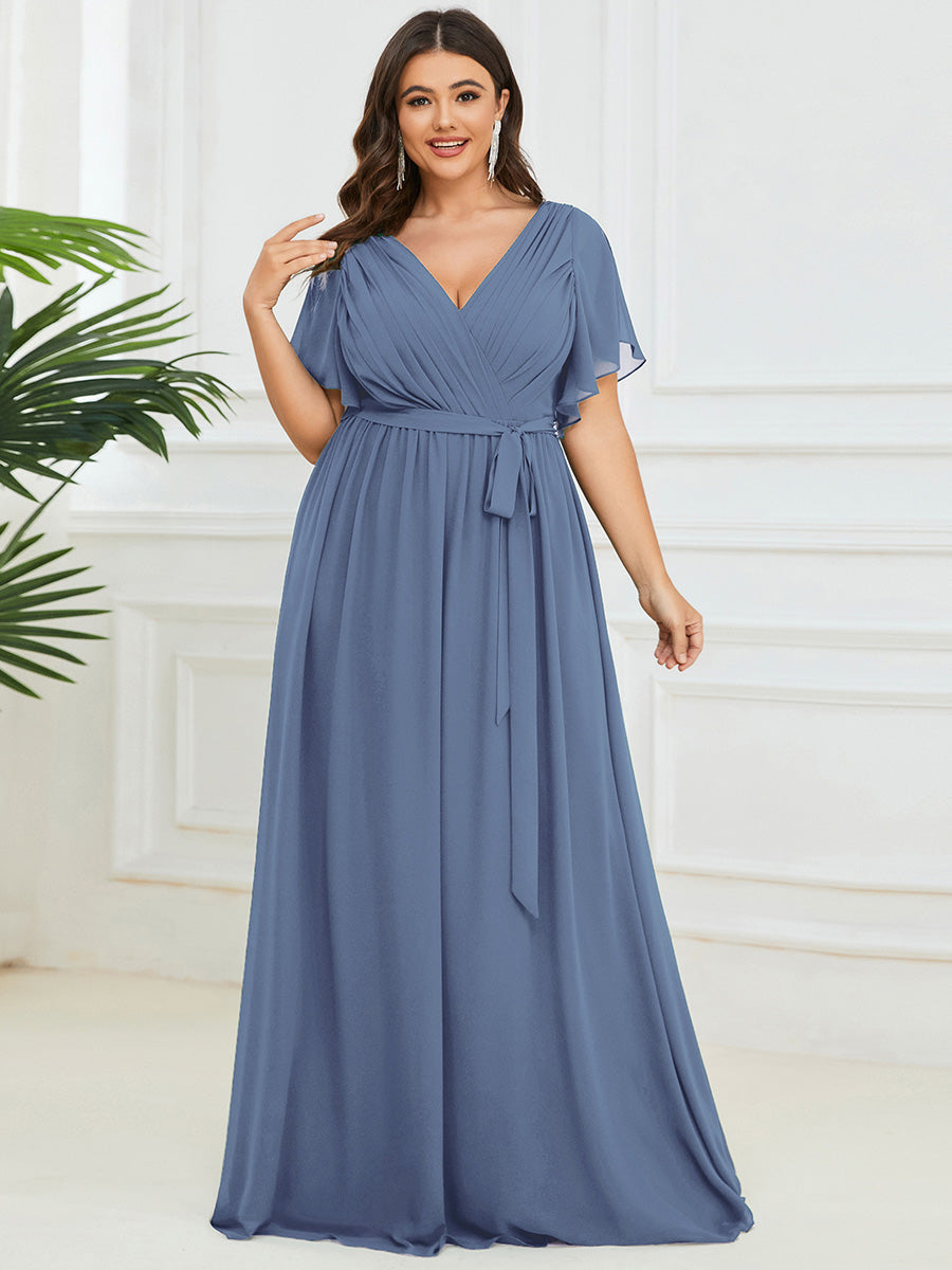 V-Ausschnitt kurze Ärmel Bodenlaenge A-Linie Chiffon Abendkleider #Farbe_Taubenblau