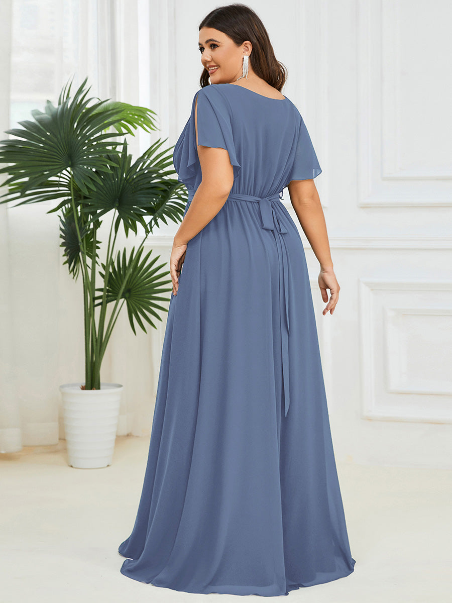 V-Ausschnitt kurze Ärmel Bodenlaenge A-Linie Chiffon Abendkleider #Farbe_Taubenblau