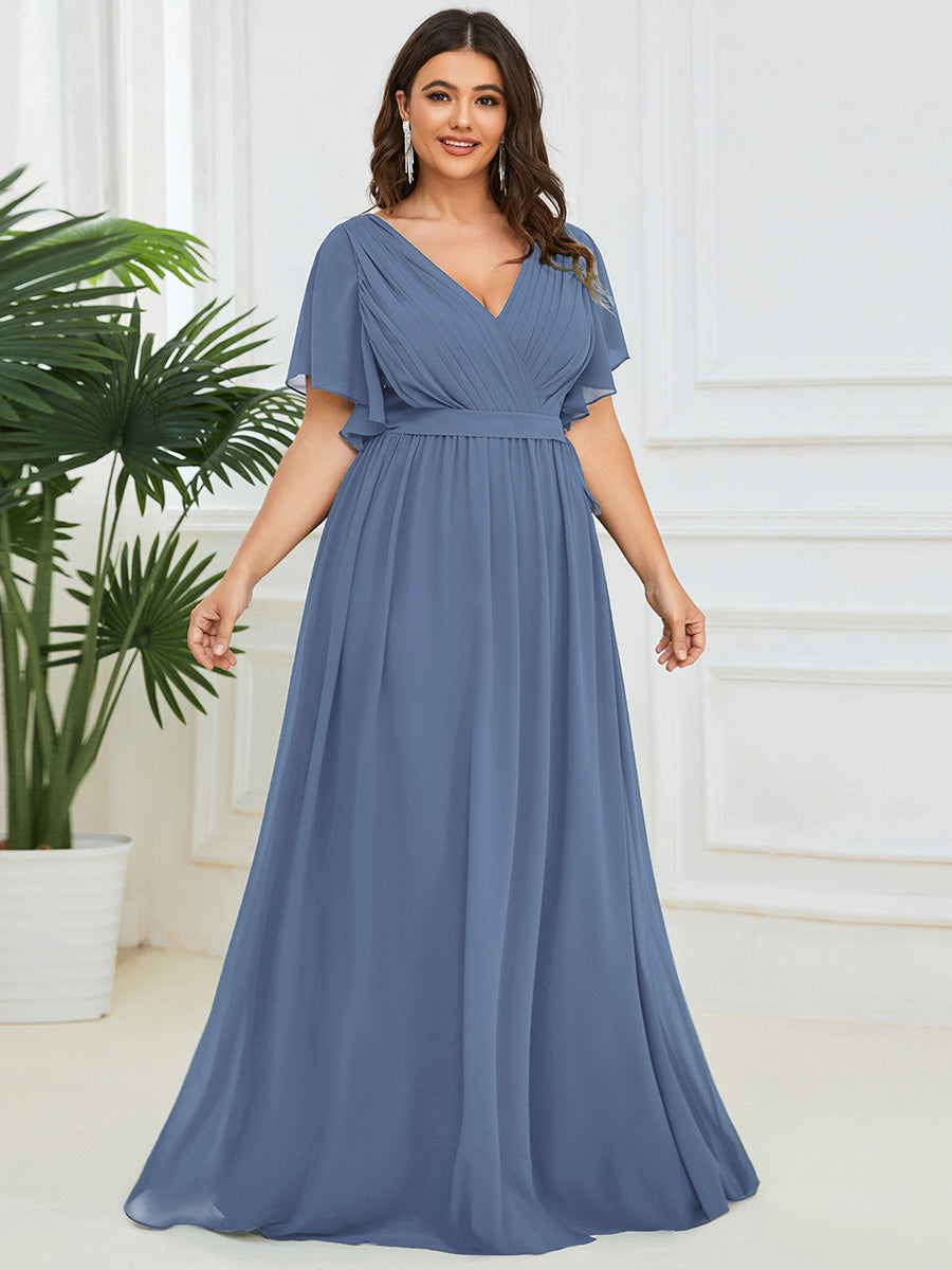 V-Ausschnitt kurze Ärmel Bodenlaenge A-Linie Chiffon Abendkleider #Farbe_Taubenblau