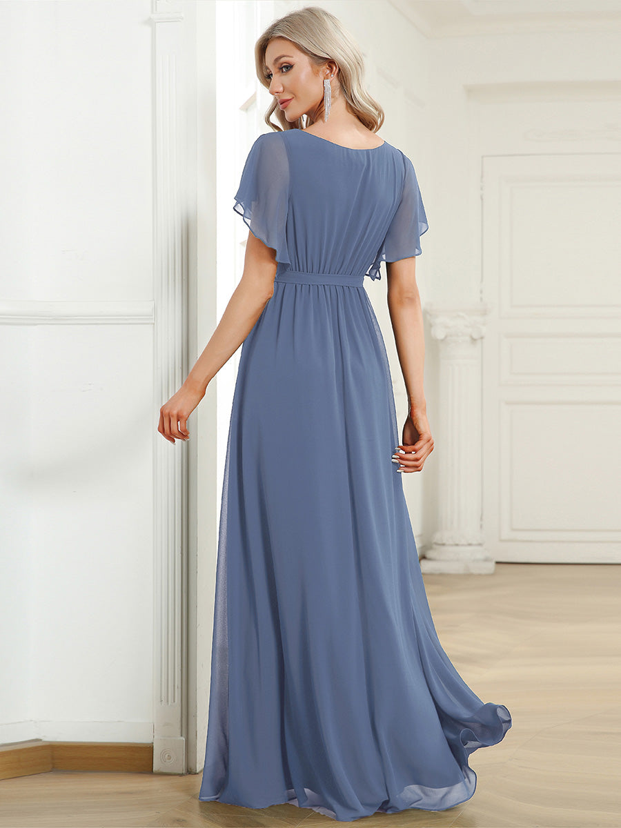 V-Ausschnitt kurze Ärmel Bodenlaenge A-Linie Chiffon Abendkleider #Farbe_Taubenblau