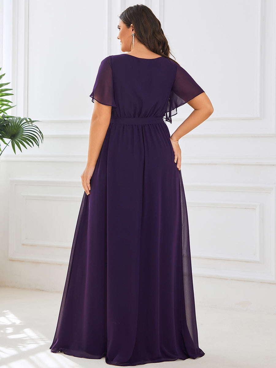 V-Ausschnitt kurze Ärmel Bodenlaenge A-Linie Chiffon Abendkleider #Farbe_Dunkelviolett