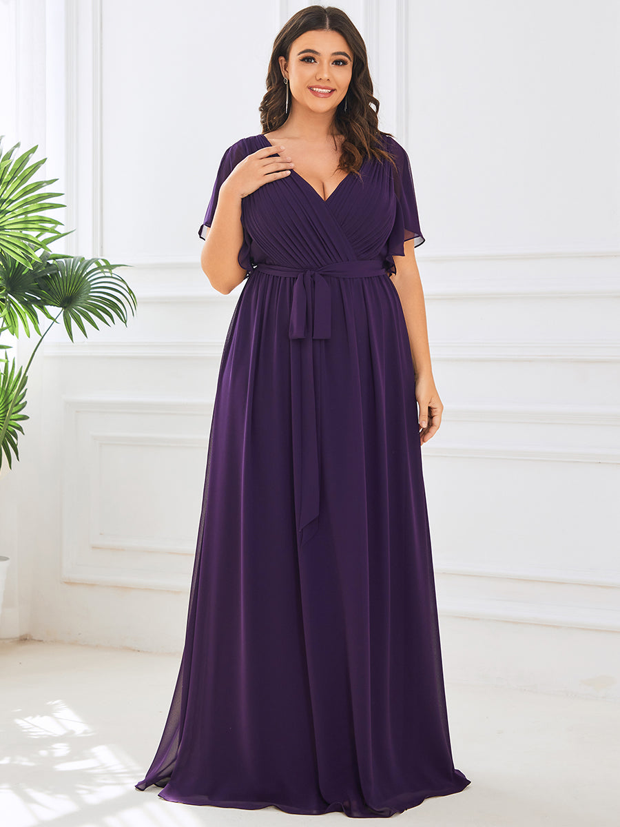 V-Ausschnitt kurze Ärmel Bodenlaenge A-Linie Chiffon Abendkleider #Farbe_Dunkelviolett