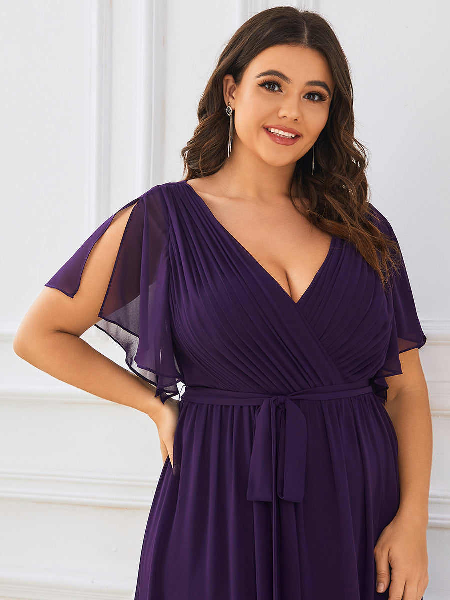 V-Ausschnitt kurze Ärmel Bodenlaenge A-Linie Chiffon Abendkleider #Farbe_Dunkelviolett
