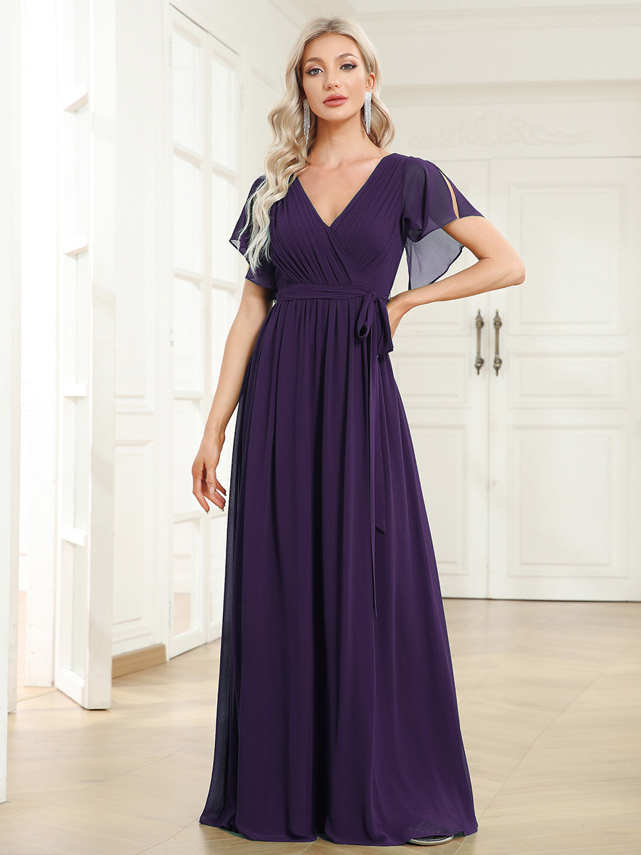 V-Ausschnitt kurze Ärmel Bodenlaenge A-Linie Chiffon Abendkleider #Farbe_Dunkelviolett