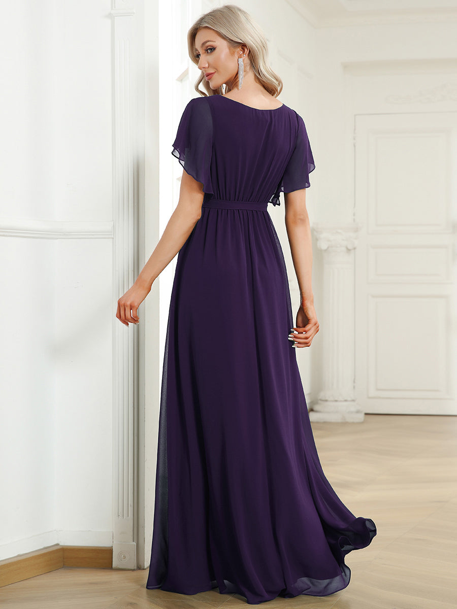 V-Ausschnitt kurze Ärmel Bodenlaenge A-Linie Chiffon Abendkleider #Farbe_Dunkelviolett