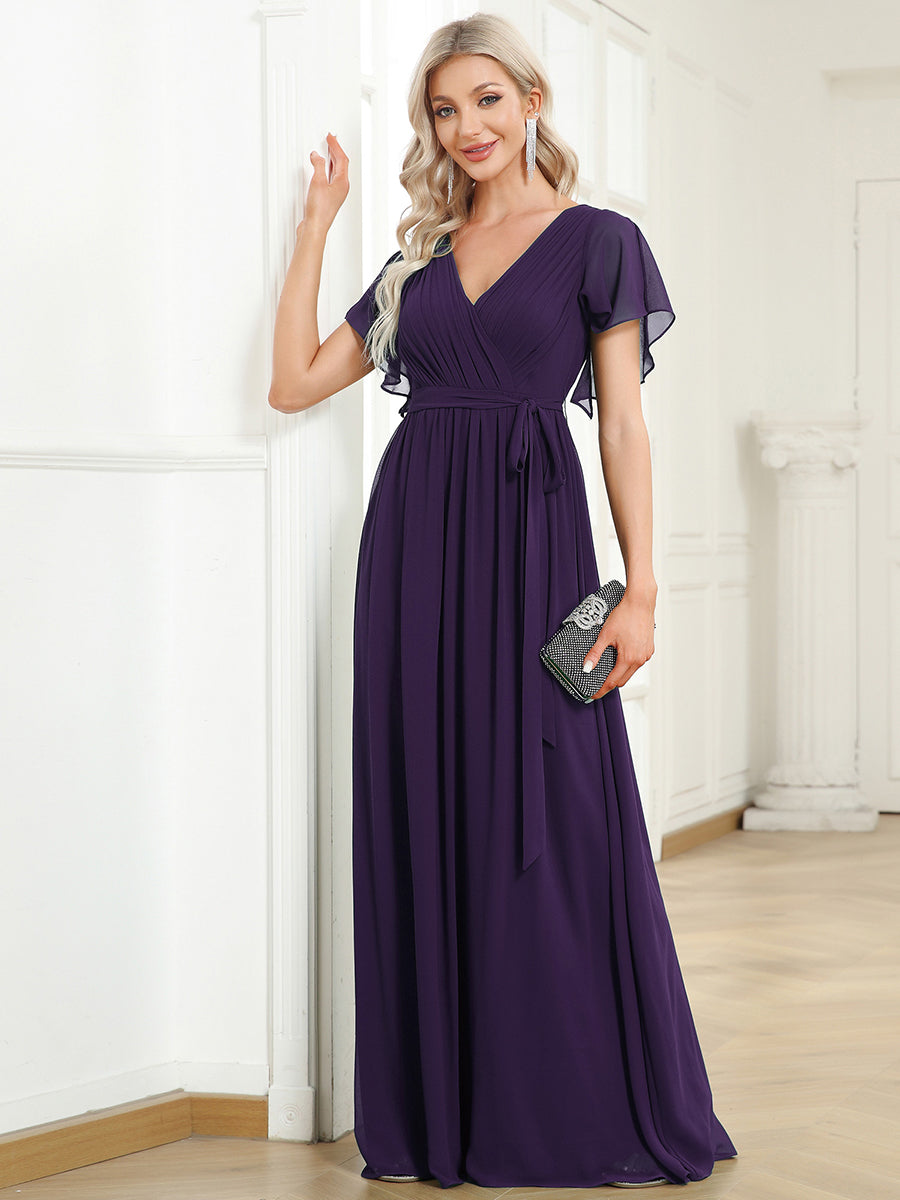 V-Ausschnitt kurze Ärmel Bodenlaenge A-Linie Chiffon Abendkleider #Farbe_Dunkelviolett