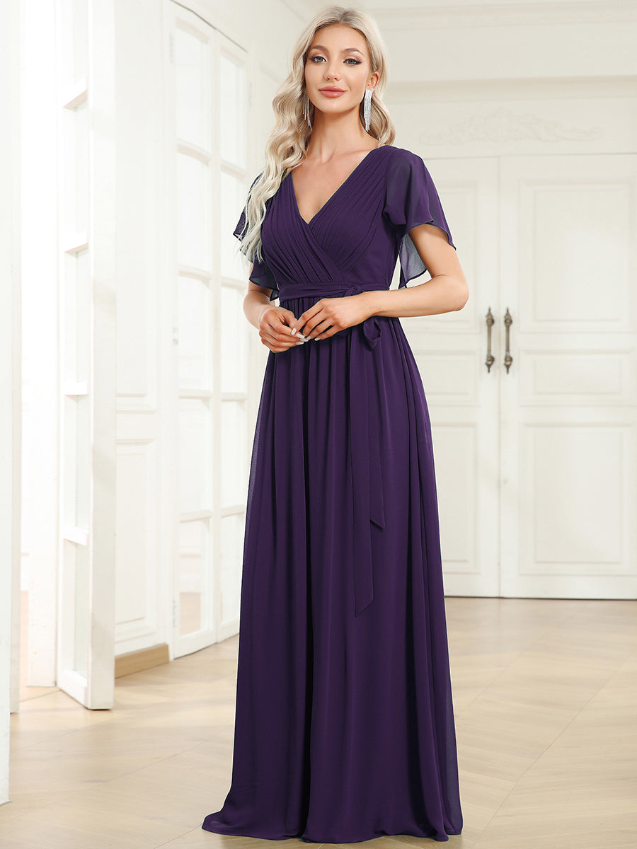 V-Ausschnitt kurze Ärmel Bodenlaenge A-Linie Chiffon Abendkleider #Farbe_Dunkelviolett