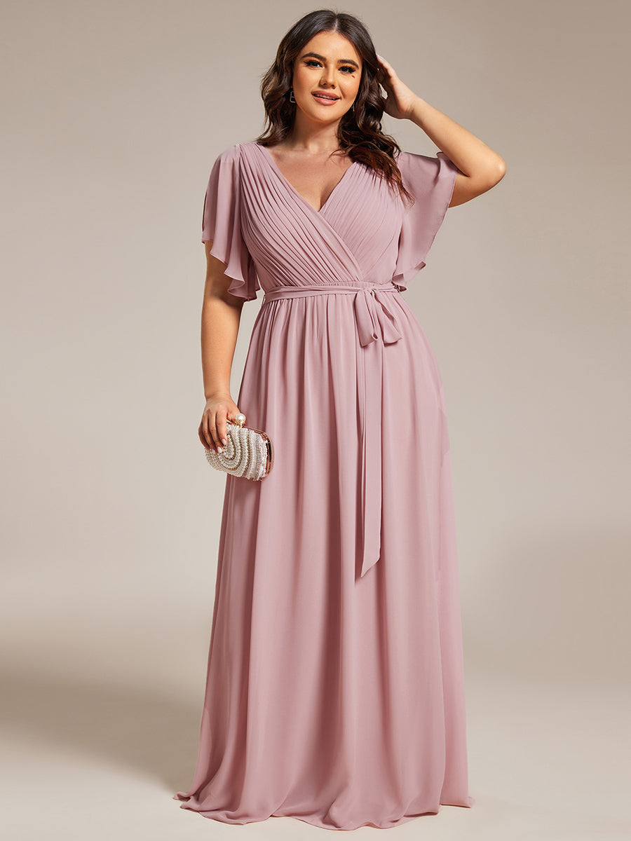 V-Ausschnitt kurze Ärmel Bodenlaenge A-Linie Chiffon Abendkleider #Farbe_Altrosa