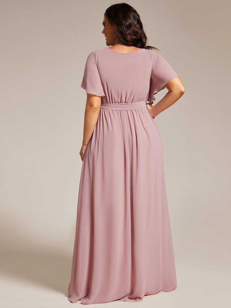 V-Ausschnitt kurze Ärmel Bodenlaenge A-Linie Chiffon Abendkleider #Farbe_Altrosa